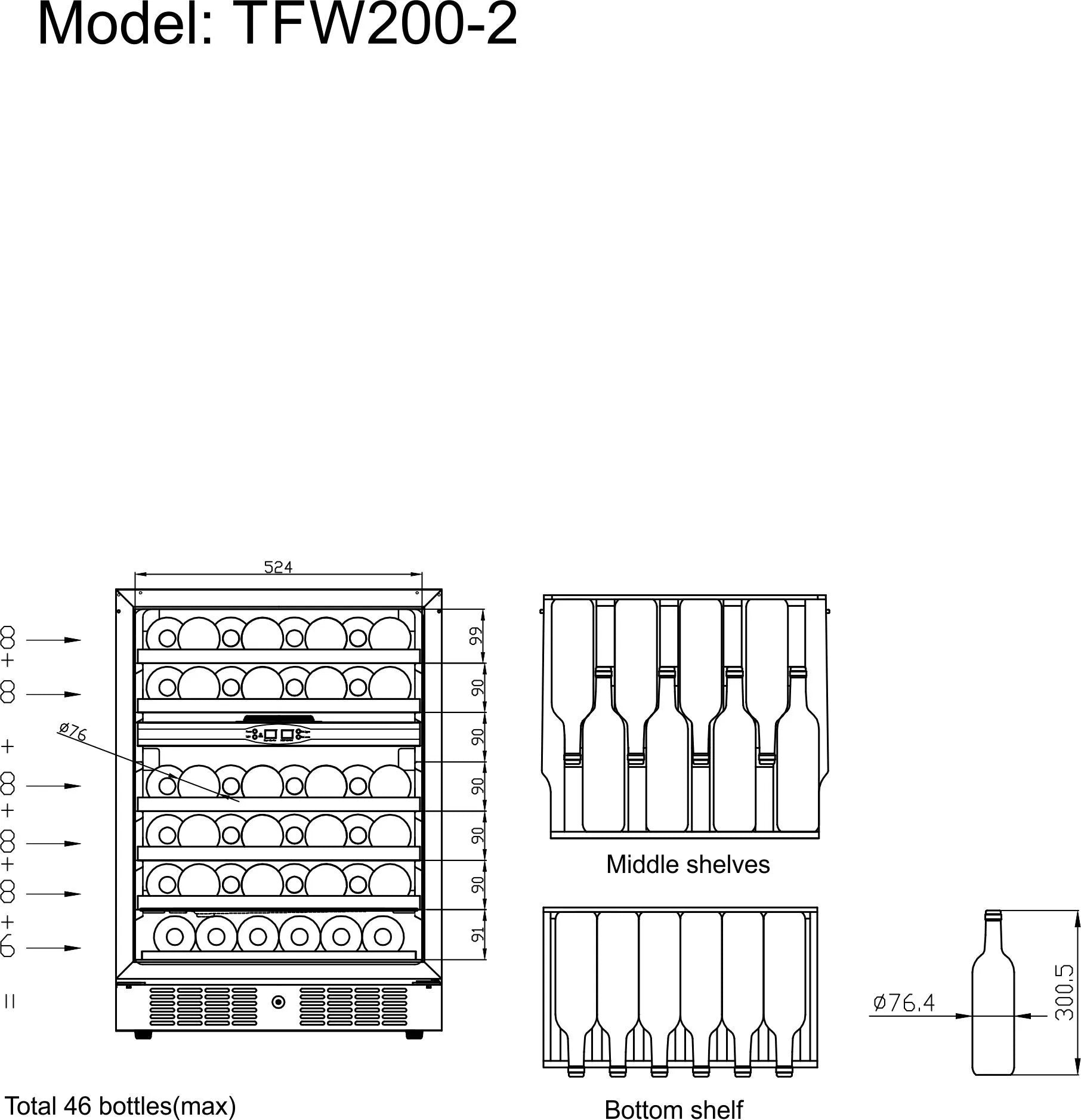 Tefcold TFW200-2F Vinkøleskab - 46 flasker i 2 Zoner